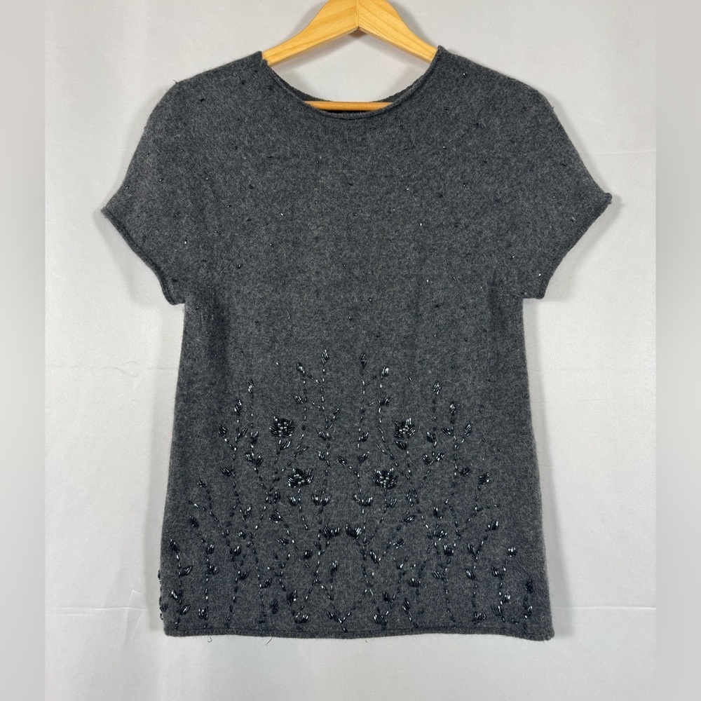 DKNY Donna Karan Sweater Lambswool Angora‎ Beaded Floral Short Sleeve Elegant Lg